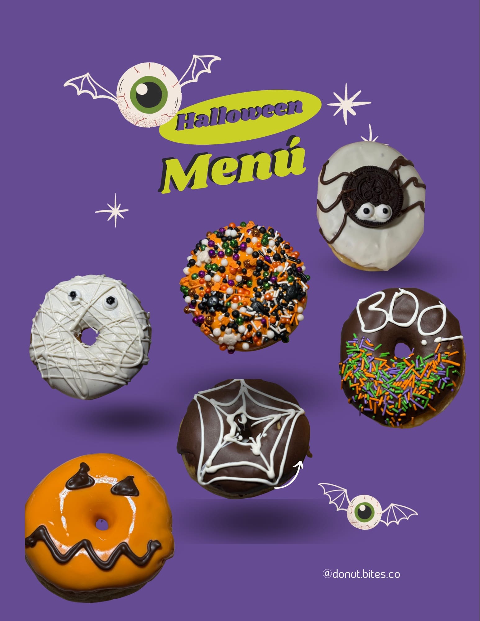 Menú de donas decoradas de Halloween de Donut Bites Monterrey